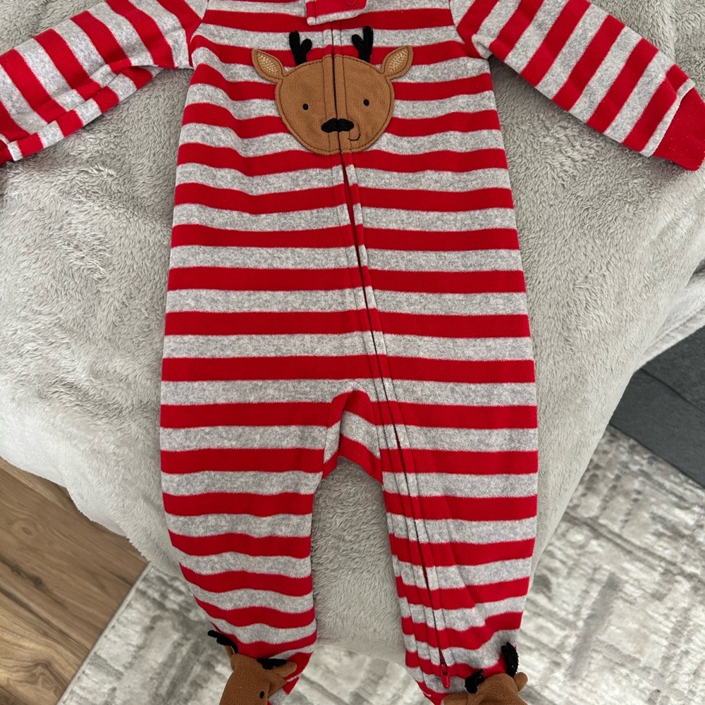 Carter's Reindeer Red and Grey Striped Footie One Piece